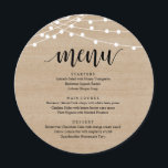 Bröllop Elopement Reception Middag, Brown Wood Meny<br><div class="desc">Modern Rustic Brown Wood,  String Ljus,  Round Plate Fores,  Bröllop elopement Middag Menu. En perfekt pub-meny för din stora dag. Du kan ändra skriptteckensnittet färg och ändra menyn innehåll och typsnitt för att uppfylla dina behov.</div>