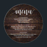 Bröllop Elopement Reception Middag, Rustic Cottage Meny<br><div class="desc">Modern Rustic Cottage Mörk Brown Wood,  Round Plate Fores,  Bröllop elopement Dinner Menu. En perfekt pub-meny för din stora dag. Du kan ändra skriptteckensnittet färg och ändra menyn innehåll och typsnitt för att uppfylla dina behov.</div>