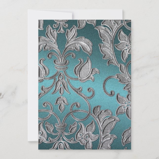 Bröllop Embossed look Damask Teal Inbjudningar (Framsida)