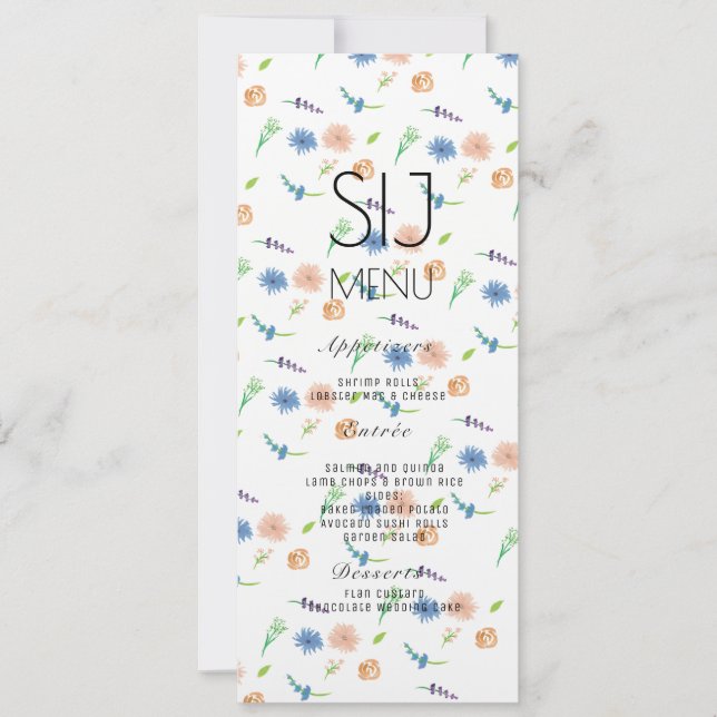 Bröllop - enkel meny för botaniskt vattenfärgsmidd (Framsida)