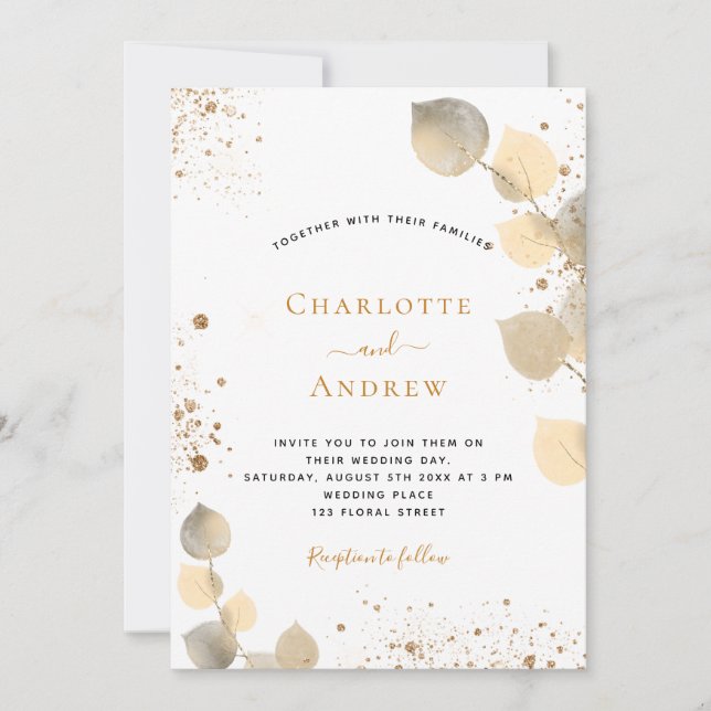 Bröllop eucalyptus glitter golden folie glitter inbjudningar (Framsida)