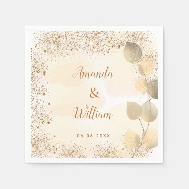 Bröllop eucalyptus golden glitter monogram pappersservett (Framsidan)