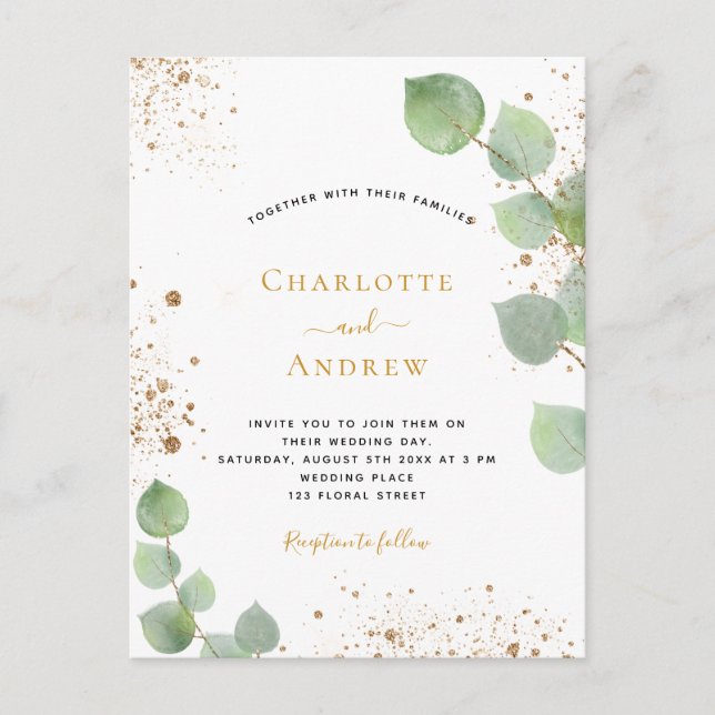Bröllop eucalyptus greenery glitter golden glitter inbjudan vykort (Framsida)