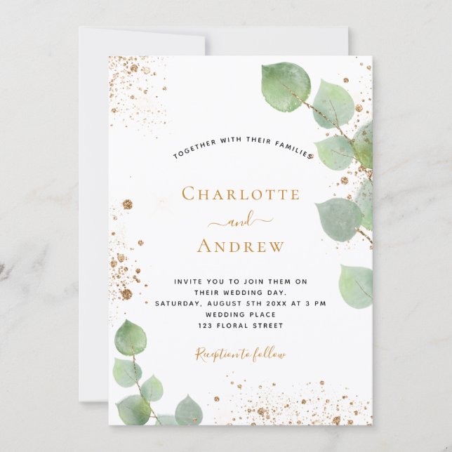 Bröllop eucalyptus greenery glitter golden glitter inbjudningar (Framsida)