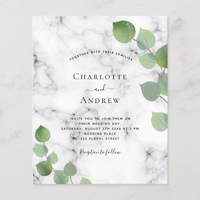 Bröllop eucalyptus greenery marble budget flygblad (Framsidan)