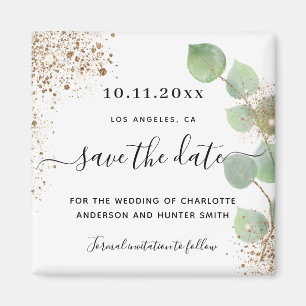 Bröllop eucalyptus guld glitter spara datumet magnet