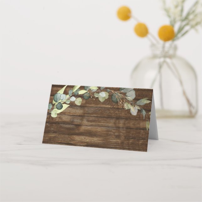 Bröllop Eucalyptus Rustic Wood Land Greenery Placeringskort (Framsida)