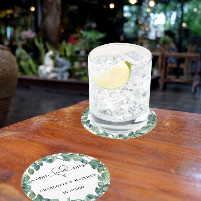 Bröllop eucalyptus white mr Hjärtskript Underlägg Papper Rund (Skapare uppladdad)