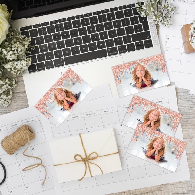 Bröllop Event Planner Glitter driver fotot Ro Visitkort (WeddinG Event Planner Glitter Drips Rose Photo Business Card)