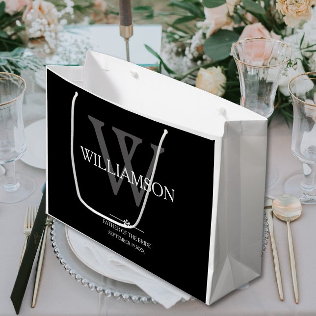 Bröllop Far i klassen Bride Gift Monogram (Father Of The Bride Wedding Gift - Monogram and Date Classy Large Black, White and Gray Gift Bag.)