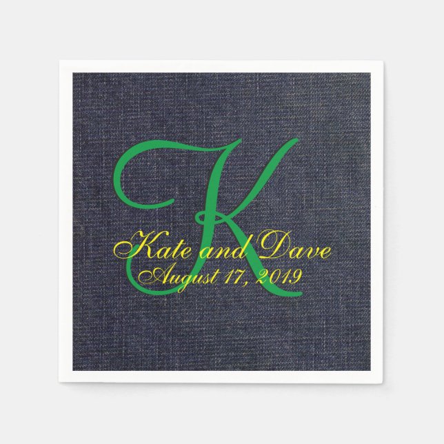 Bröllop Faux Blue Jean Denim Trasa Monogram Pappersservett (Framsidan)