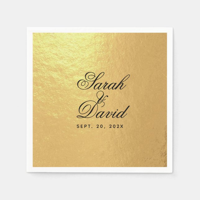 Bröllop Faux Gold Foil Elegant Black Script Napkin Pappersservett (Framsidan)