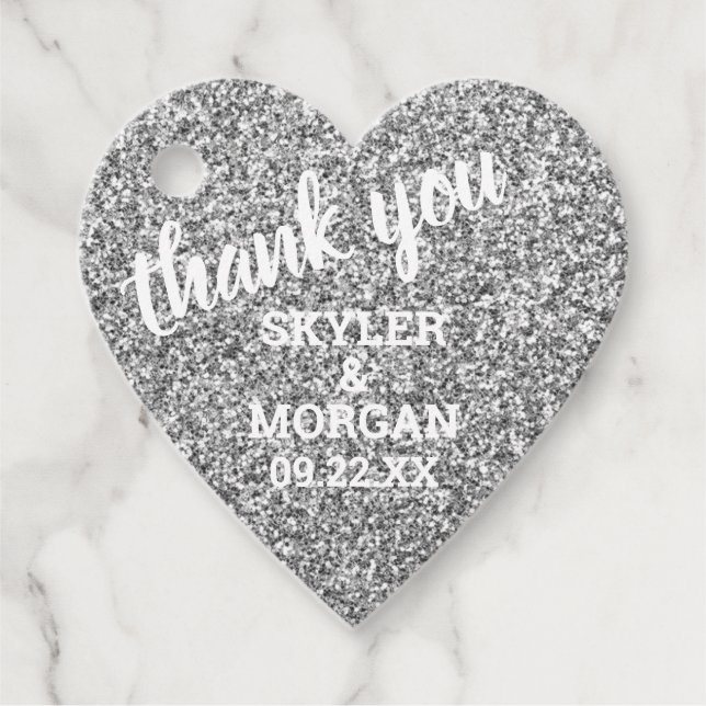Bröllop Faux Silver Glitter Elegant Tack Gåvor Etiketter (Framsida)