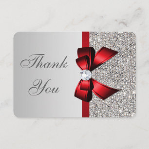 Bröllop Faux Silver Sequins Red Bow Tack Kort