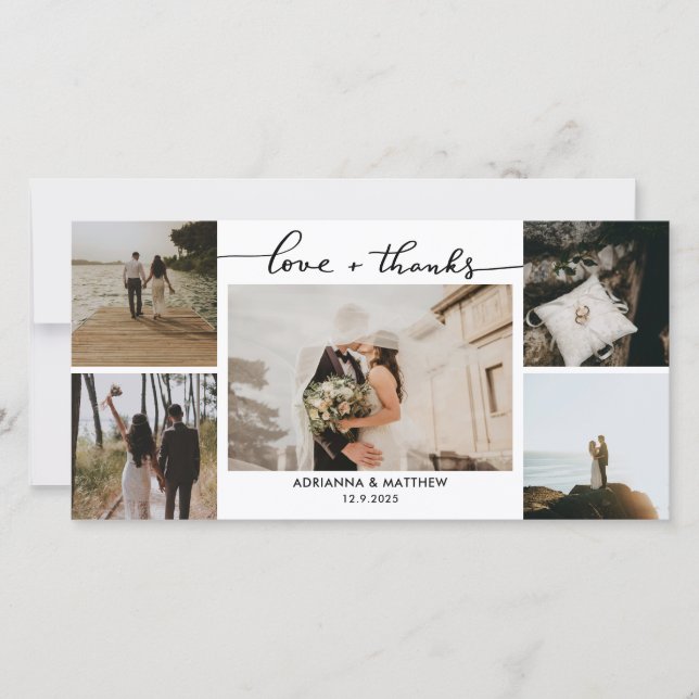 Bröllop Fem foton Kärlek och tackskript Tack Kort (Framsida)