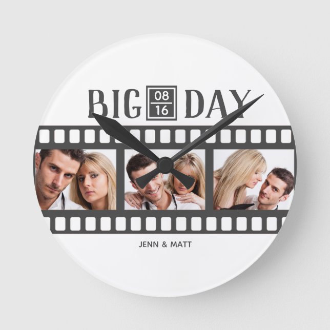 Bröllop Film Lägg till 3 foton Rund Klocka (Framsida)