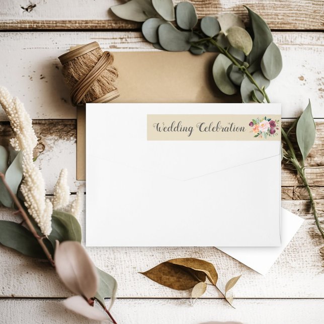 Bröllop Firande Beige Rustic Burgundy-Blommigten Etikettband (Skapare uppladdad)