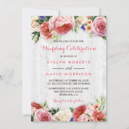 Bröllop Firande Rustic Blommigt Chic White Wood Inbjudningar