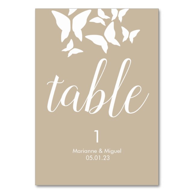 Bröllop fjärilar beige sittplats bord nummer bordsnummer (Framsidan)