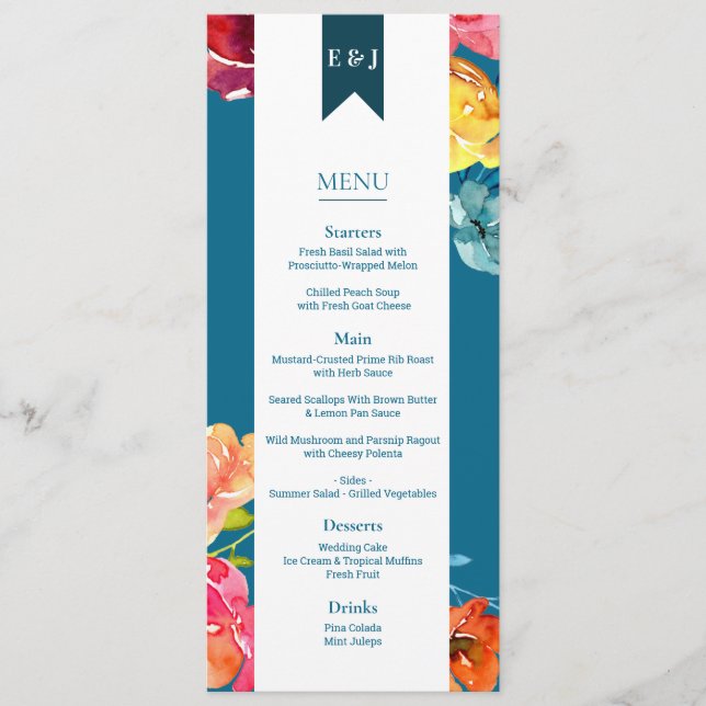 Bröllop Flat Menu, ljusare sommarfärgad Meny (Framsida)