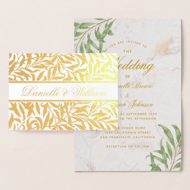 Bröllop Foliage Calligraphy Marble Greenery Guld Folierat Kort (Display)