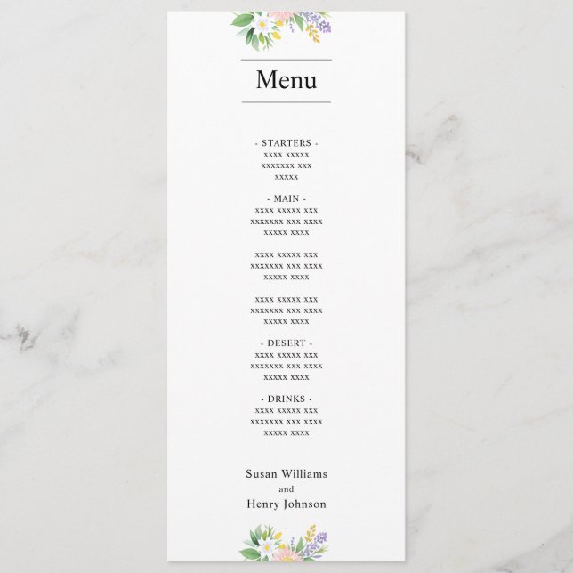 Bröllop Food Menu | Klassisk miniimal Blommigt Meny (Framsida)