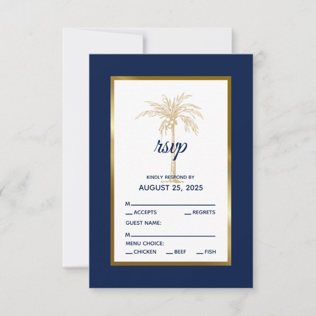 Bröllop för Beach vid elegant Navy Blue Guld Handf OSA Kort (Framsida)
