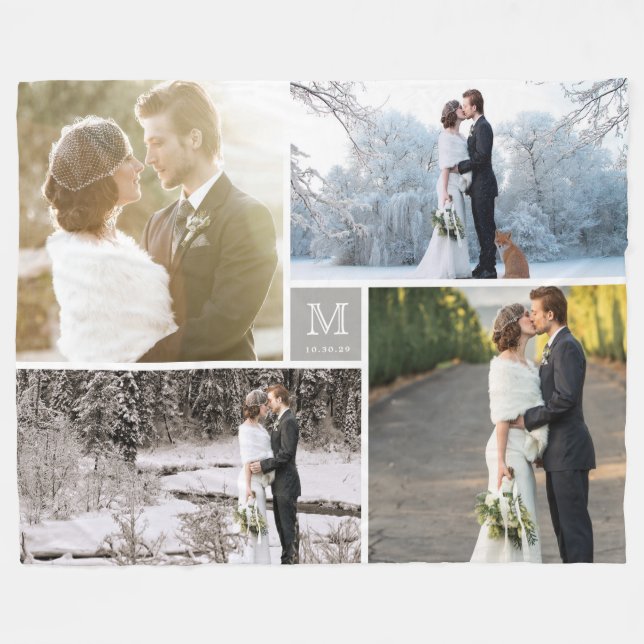 Bröllop för Collage för foto för Monogram 4 för Fleecefilt (Framsidan (Horisontell))
