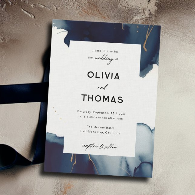 Bröllop för den moderna Eleganten Ram Blue Guld Inbjudningar (modern navy wedding invitation watercolor frame elegant minimalist simple calligraphy romantic boho)