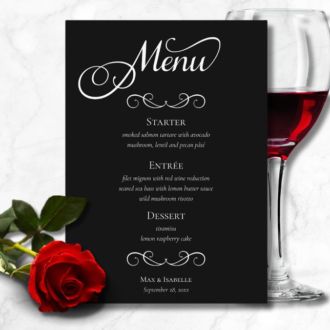 Bröllop för elegant Svartvitt-calligrafi Meny (chic elegant black and white script calligraphy wedding dinner menu, engagement party menu)
