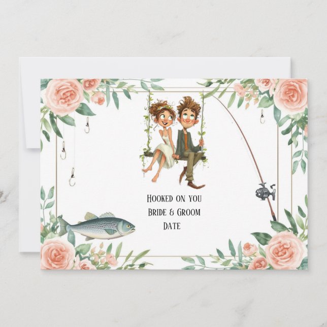 Bröllop för fiskälskare med fiskespö och blommor  inbjudningar (Framsida)
