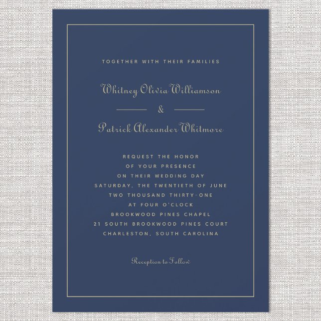 Bröllop för formell Chic för elegant med blå Guld Inbjudningar (Elegant Script Navy Blue Gold Formal Chic Weddings Invitation)