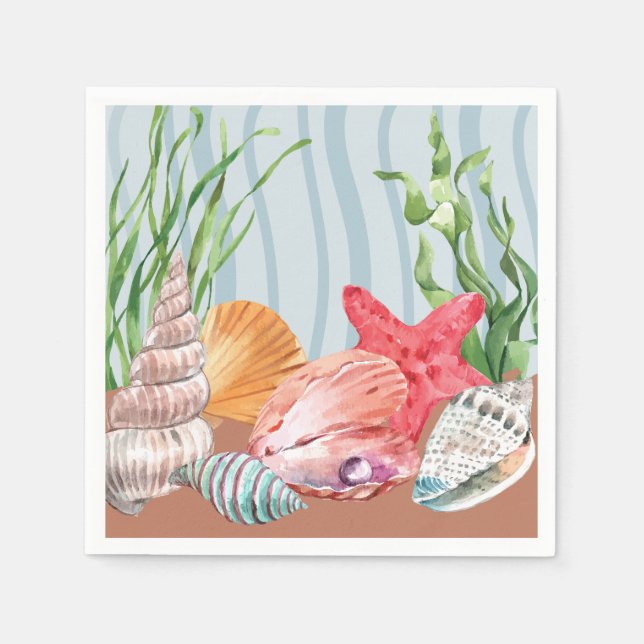 Bröllop för havsvansskal med blått vattenfärgsblad pappersservett (Framsidan)