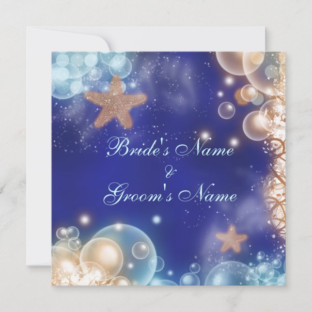 Bröllop för korall för sjöstjärnastrandblått inbjudningar (Framsida)