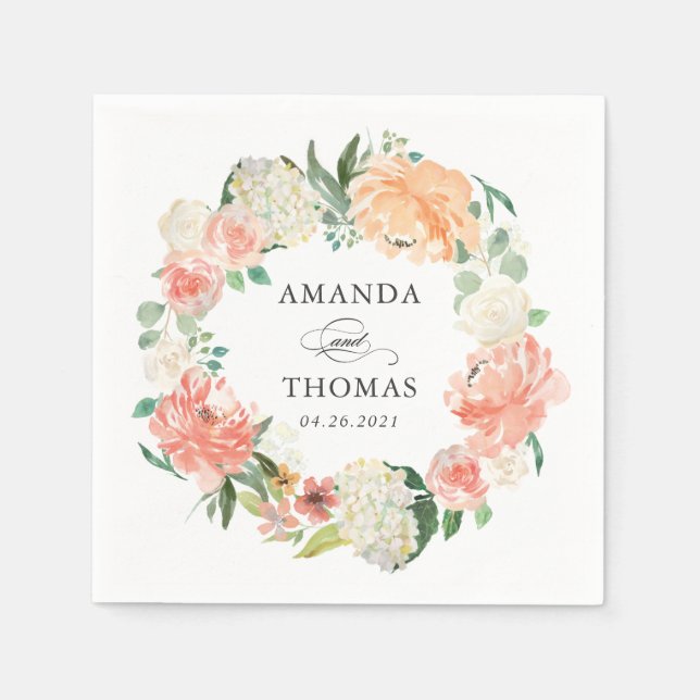 Bröllop för kran för korallpersikarodnad blom- pappersservett (Framsidan)