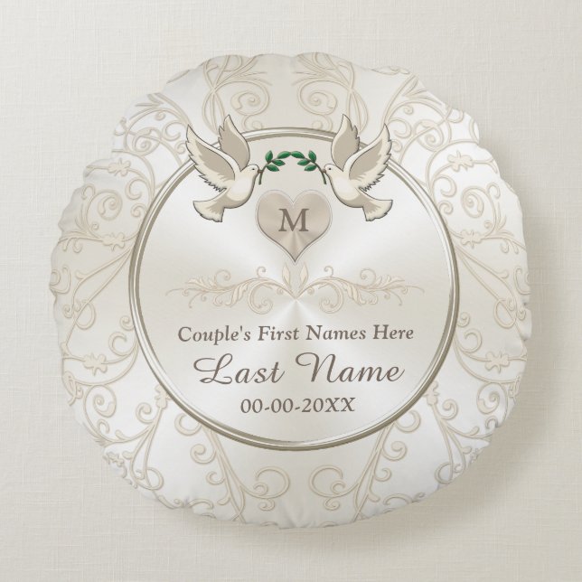 Bröllop för love birdsMonogrampersonligen kudder Rund Kudde (Framsidan)