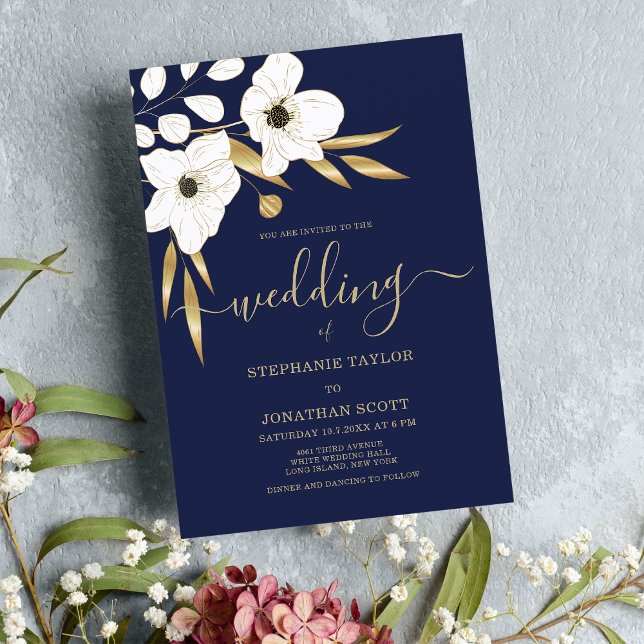 Bröllop för lyxmarinkblått guld blommigt inbjudningar (Luxury navy blue white gold floral wedding )