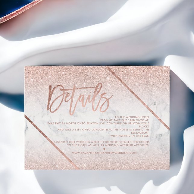 bröllop för marble-manuset ro glitter inbjudningar (Rose gold glitter marble script wedding direction invitation)