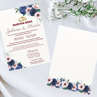 Bröllop för marinblått och Rosa Blommigt Inbjudningar