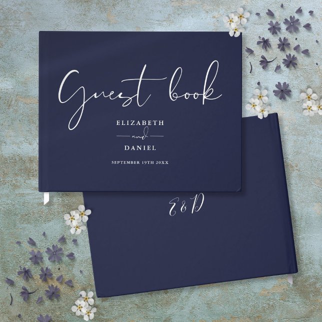 Bröllop för marint blått Elegant Gästböcker (Navy Blue Elegant Script Wedding Guest Book)