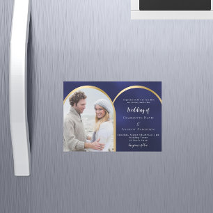 Bröllop för marschfotoarken guld i marinen magnetisk inbjudningskort