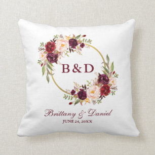 Bröllop för MonogramBurgundy blom- kran Kudde