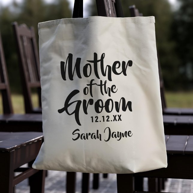 Bröllop föräldragåva Mor i Groom Tote Bag Tygkasse (A Mother of the Groom Tote bag with space for her name and your wedding date.)