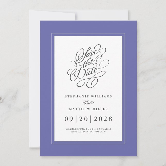 Bröllop Förlovning Chic Elegant Trendig Periwinkle Spara Datumet (Framsida)