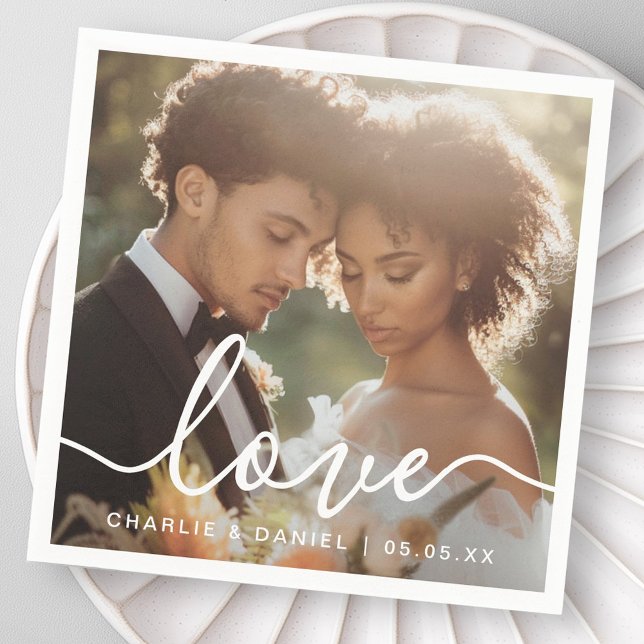 Bröllop förlovning fotot kärlek par namn pappersservett (Wedding engagement photo love couples names date napkins)