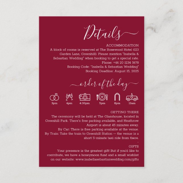 Bröllop Formal Burgundy Detaljer Tilläggskort (Framsida)