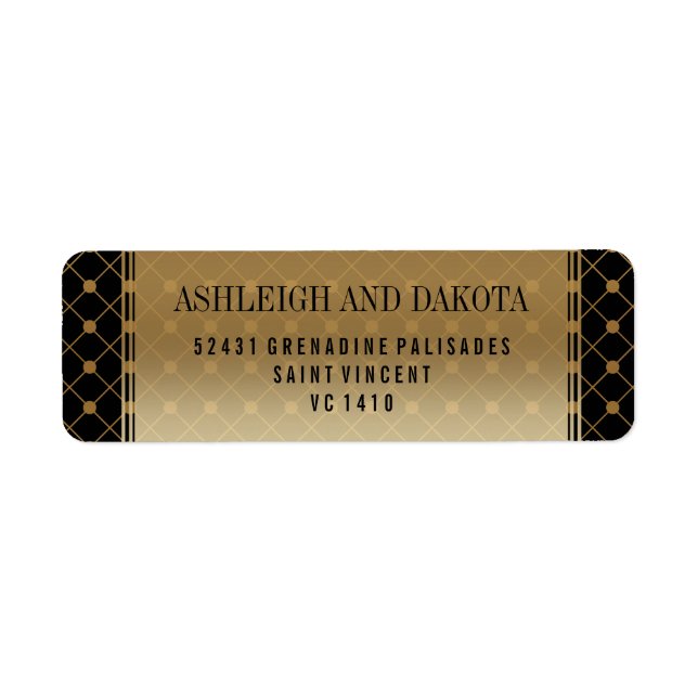 Bröllop | Formellt Guld Mönster på svart Returadress Etikett (Framsidan)