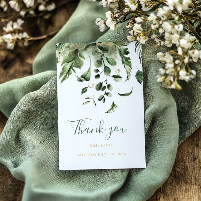 Bröllop-foto, grönt löv trädgårdsbröllop tack kort (Wedding photo, green leaves wedding thank you card.)