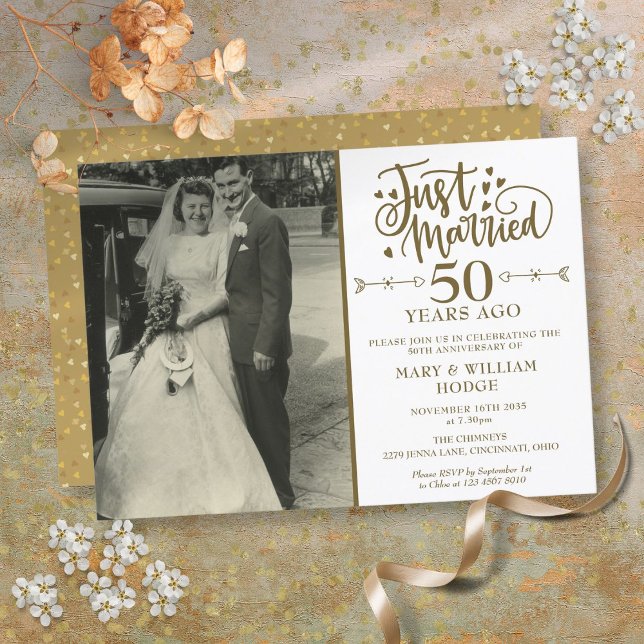 Bröllop Foto på 50-årsdagen i ny gifta Inbjudningar (Just Married 50th Anniversary Wedding Photo Invitation)