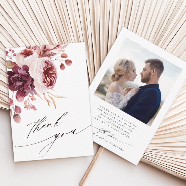 Bröllop Foto på Elegant i hösten Romantik, Blommig Tack Kort (Front & Back)